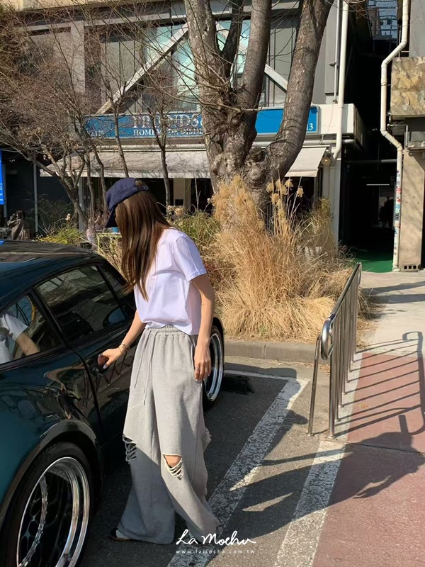 棉質割破寬長褲